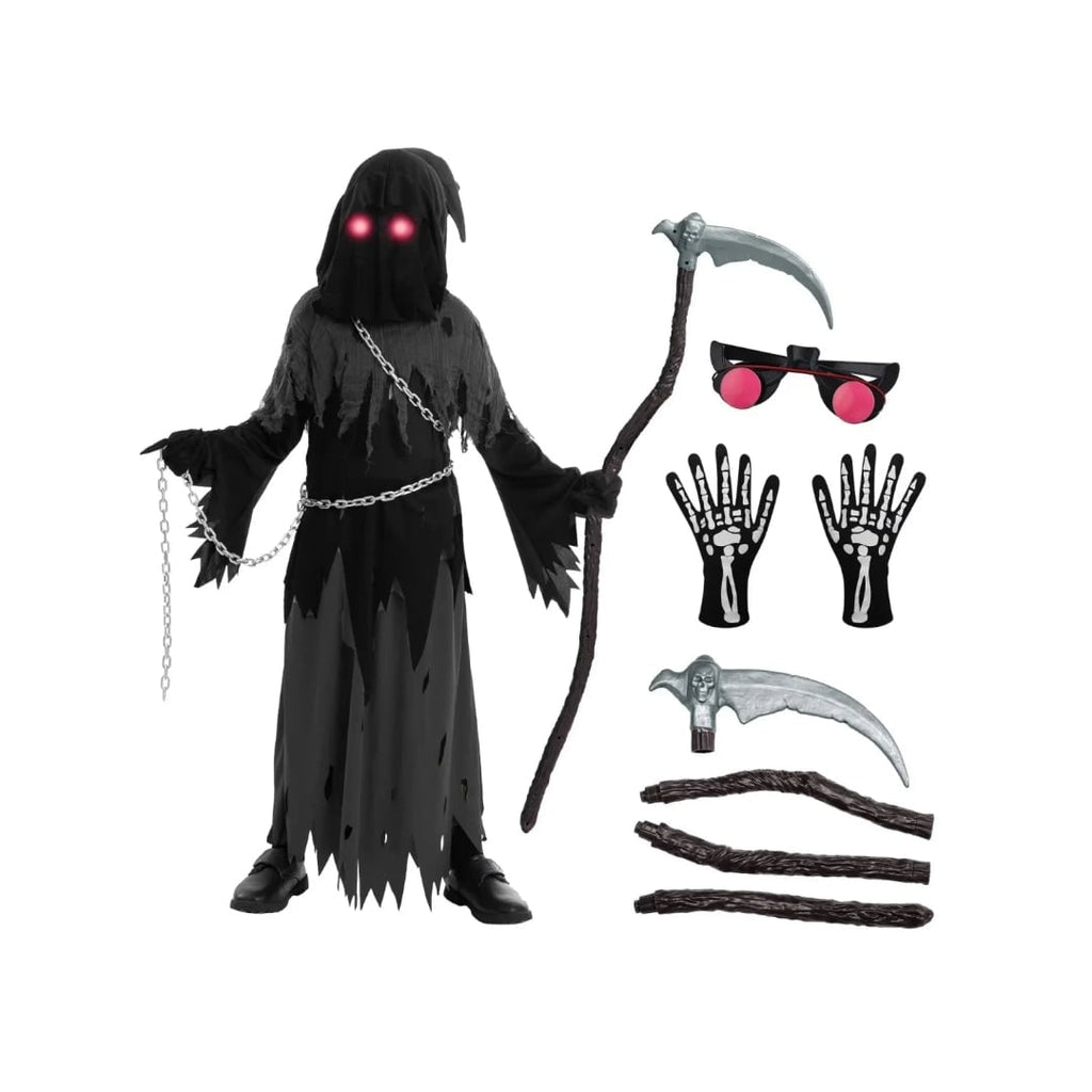 Halloween Grim Reaper Costume with Glowing Glasses and Toy Scythe for Kids - Image 3