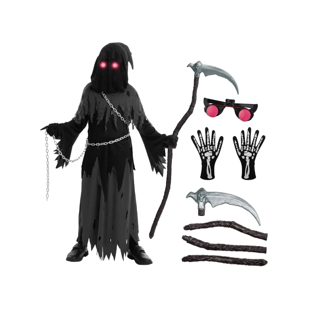 Halloween Grim Reaper Costume with Glowing Glasses and Toy Scythe for Kids - Image 3