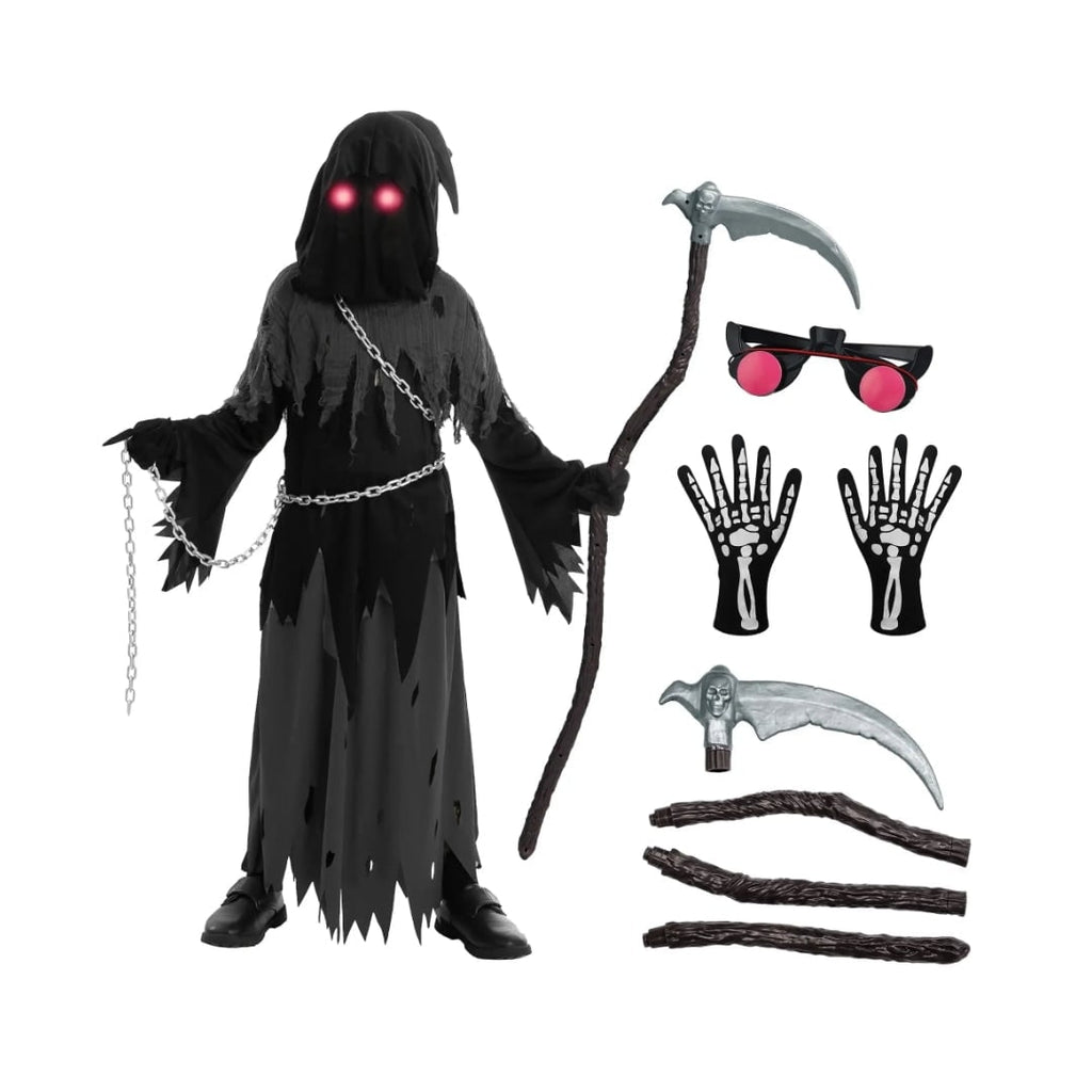 Halloween Grim Reaper Costume with Glowing Glasses and Toy Scythe for Kids - Image 4