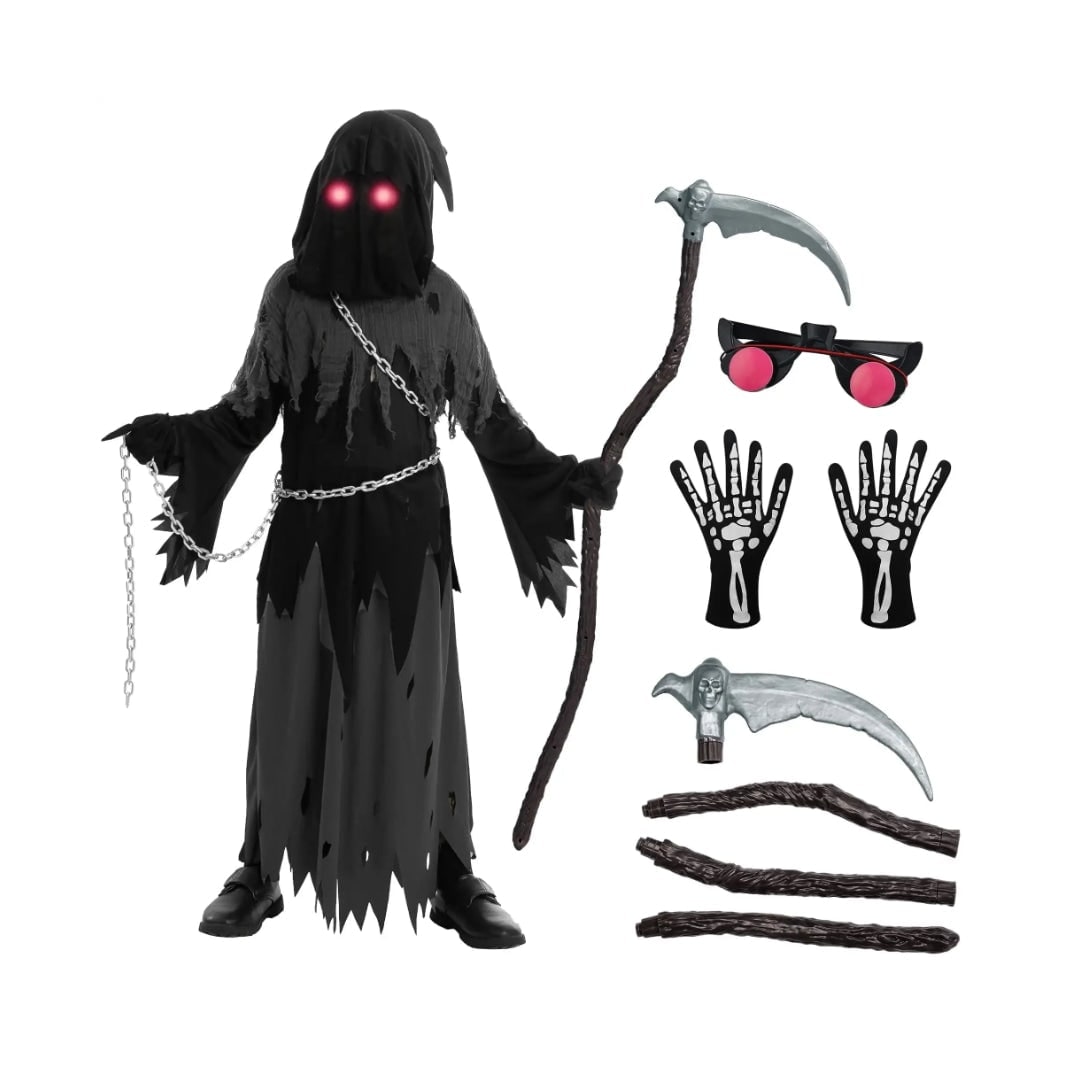 Halloween Grim Reaper Costume with Glowing Glasses and Toy Scythe for Kids - Image 4