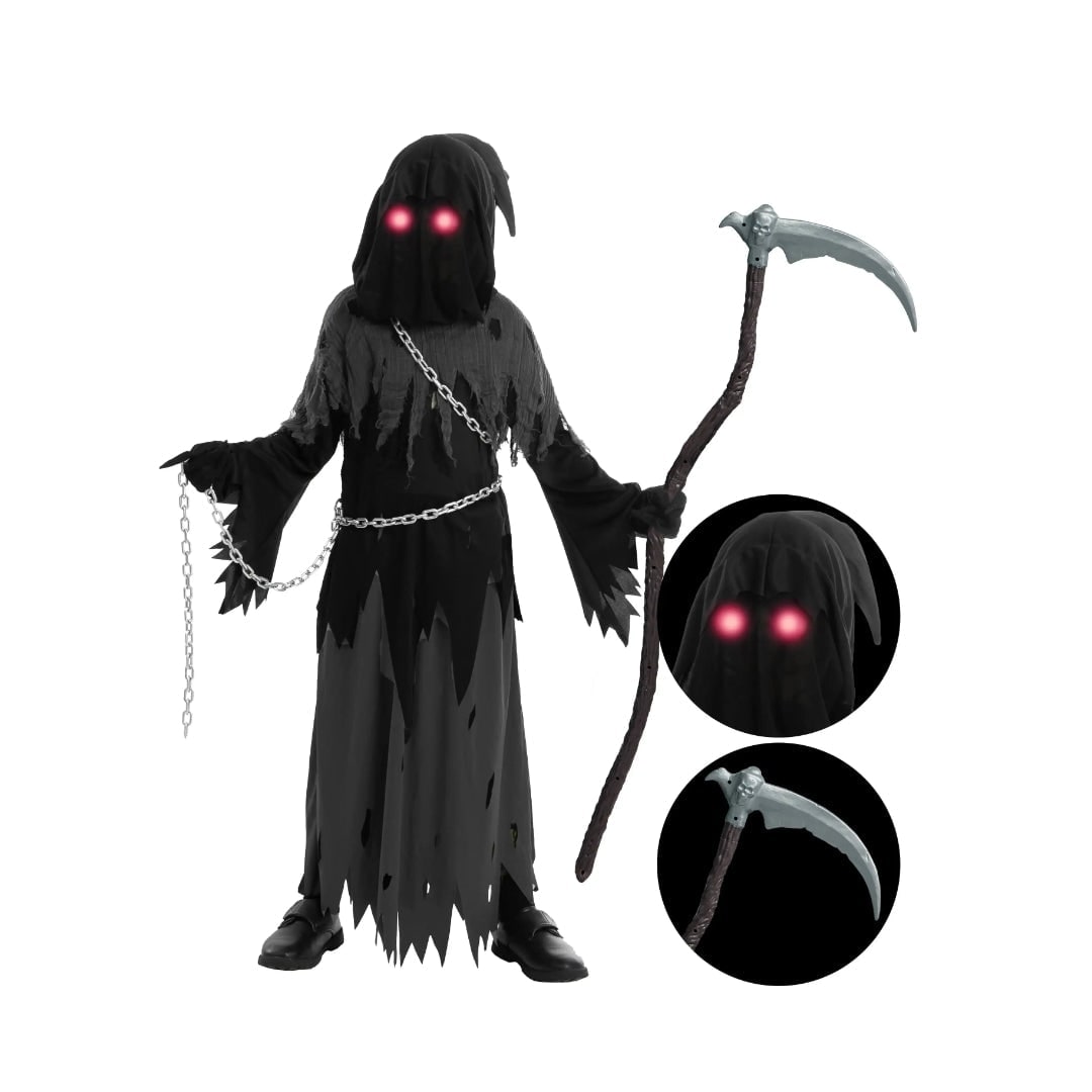 Halloween Grim Reaper Costume with Glowing Glasses and Toy Scythe for Kids - Image 5
