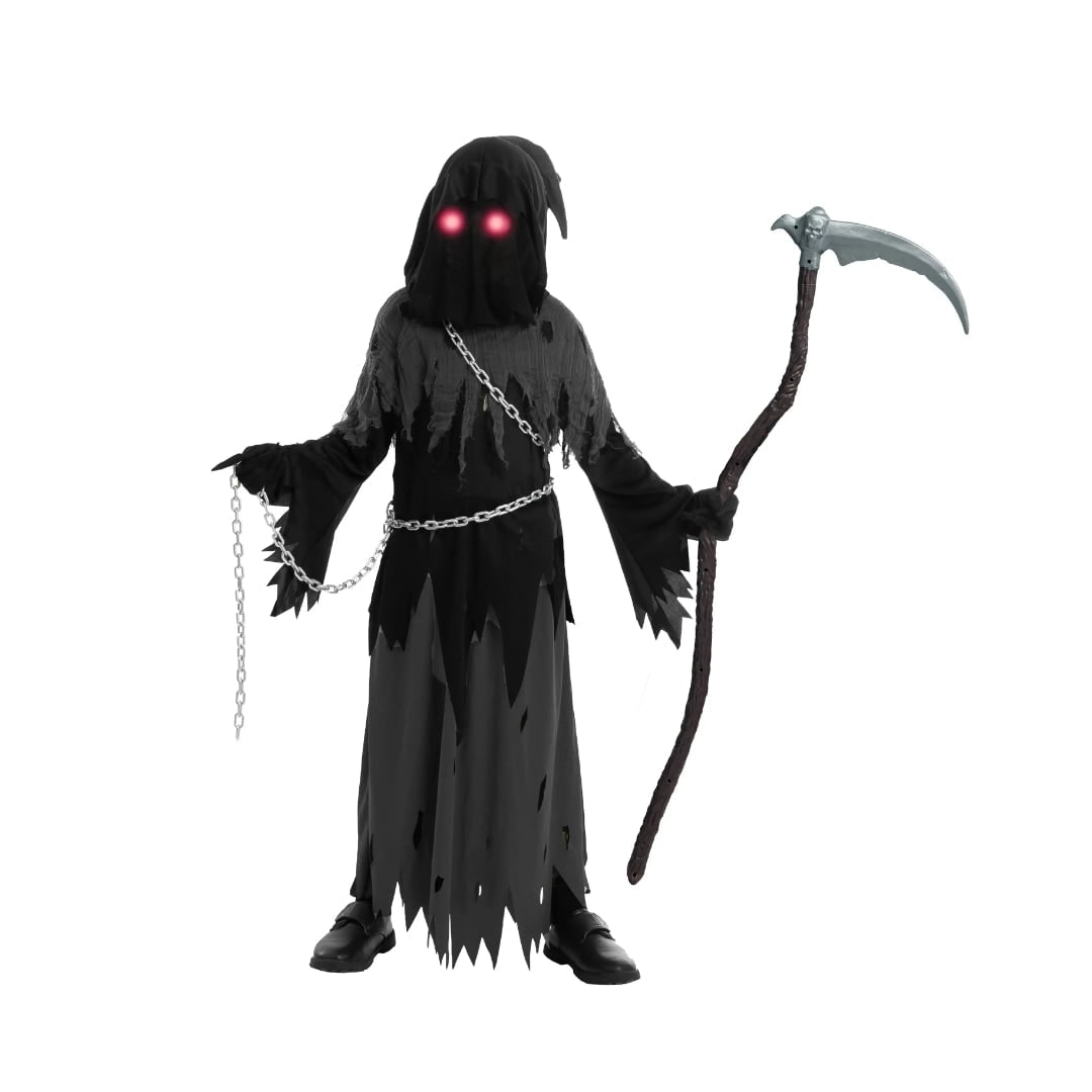 Halloween Grim Reaper Costume with Glowing Glasses and Toy Scythe for Kids - Image 6