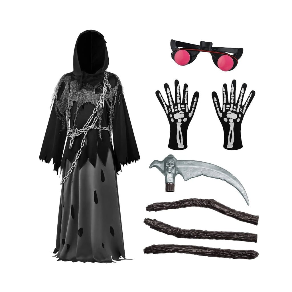 Halloween Grim Reaper Costume with Glowing Glasses and Toy Scythe for Kids - Image 7