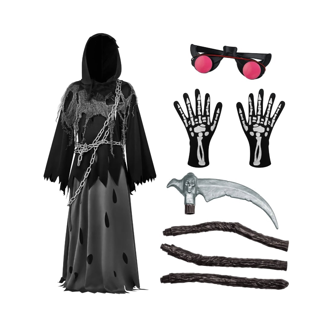 Halloween Grim Reaper Costume with Glowing Glasses and Toy Scythe for Kids - Image 7
