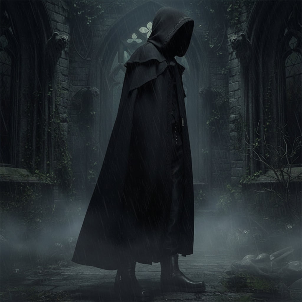 Halloween Hooded Cloak with Double-Layered Shoulder Capelet and Embroidered Trim - Image 1