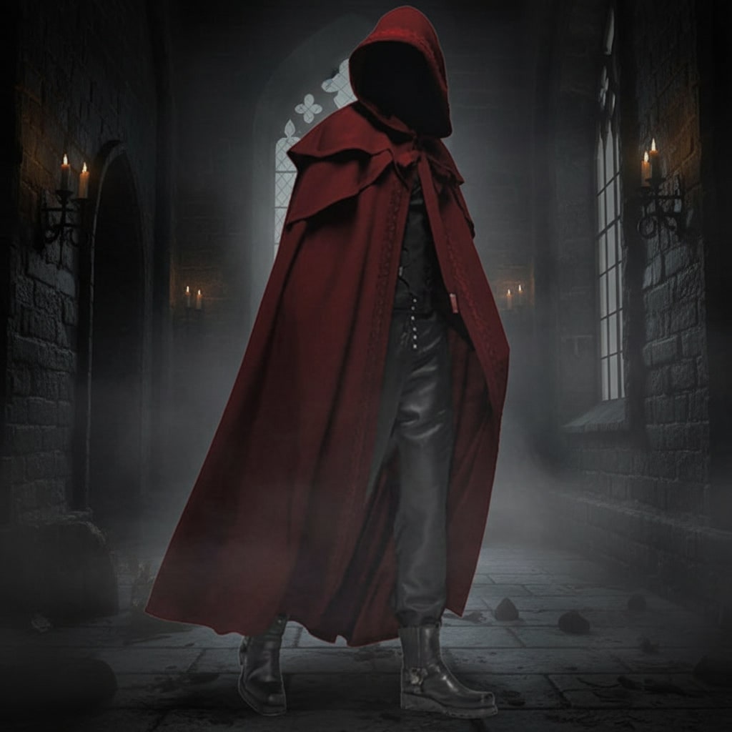Halloween Hooded Cloak with Double-Layered Shoulder Capelet and Embroidered Trim - Image 2