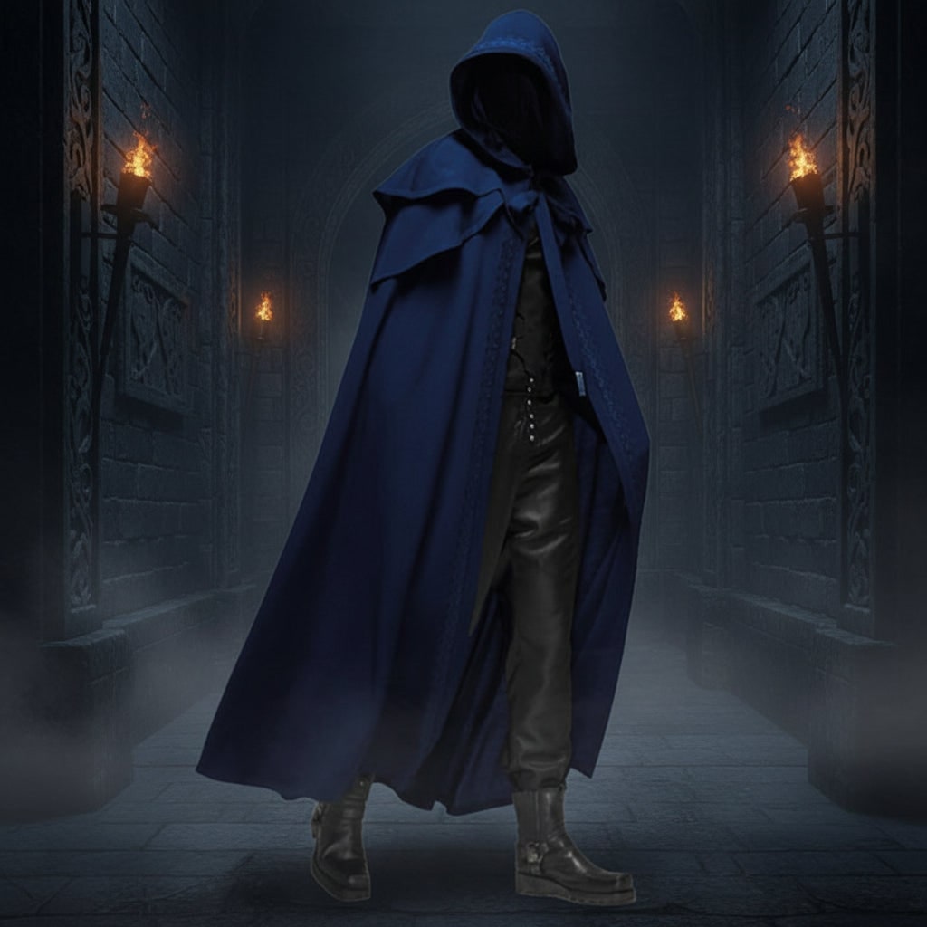 Halloween Hooded Cloak with Double-Layered Shoulder Capelet and Embroidered Trim - Image 3