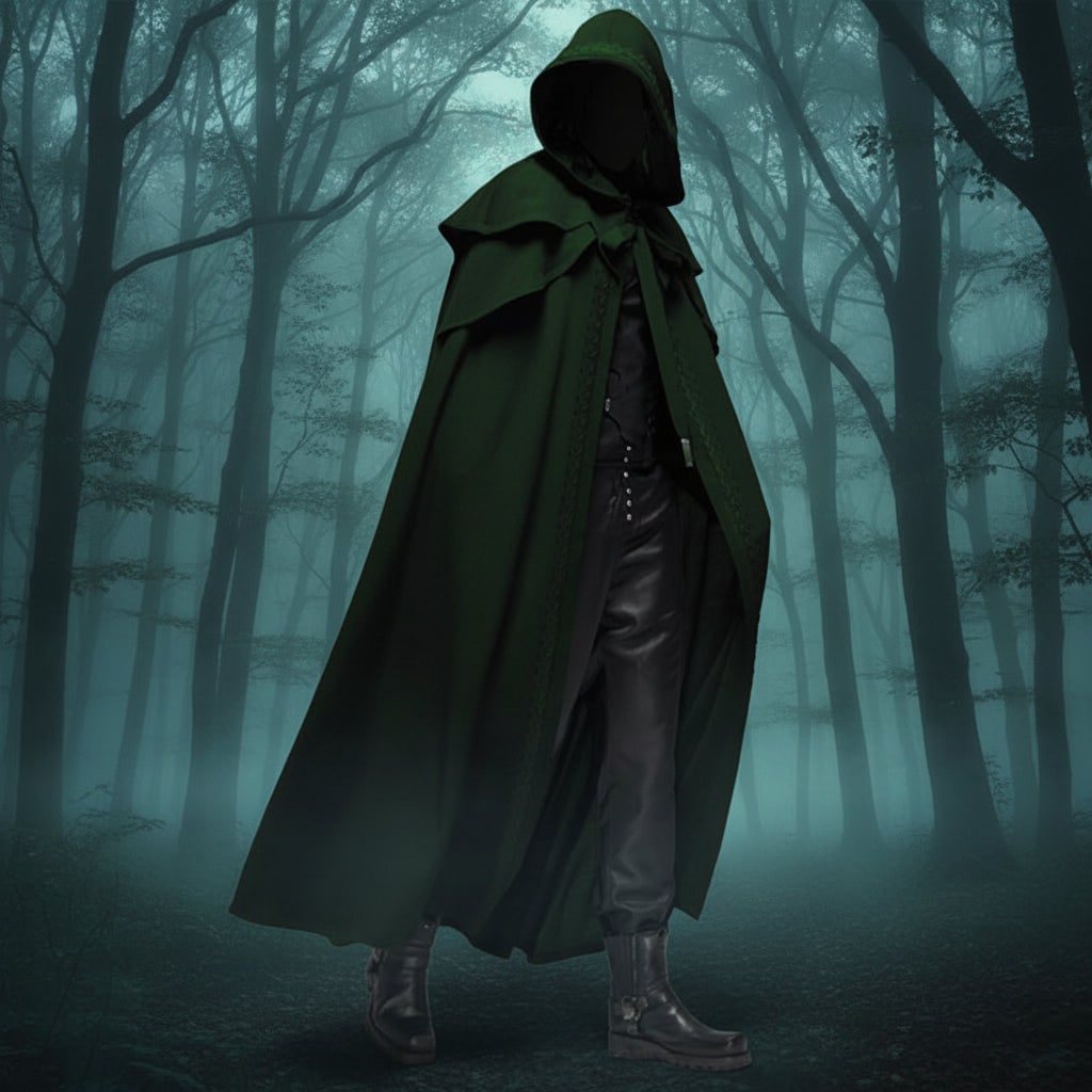 Halloween Hooded Cloak with Double-Layered Shoulder Capelet and Embroidered Trim - Image 4