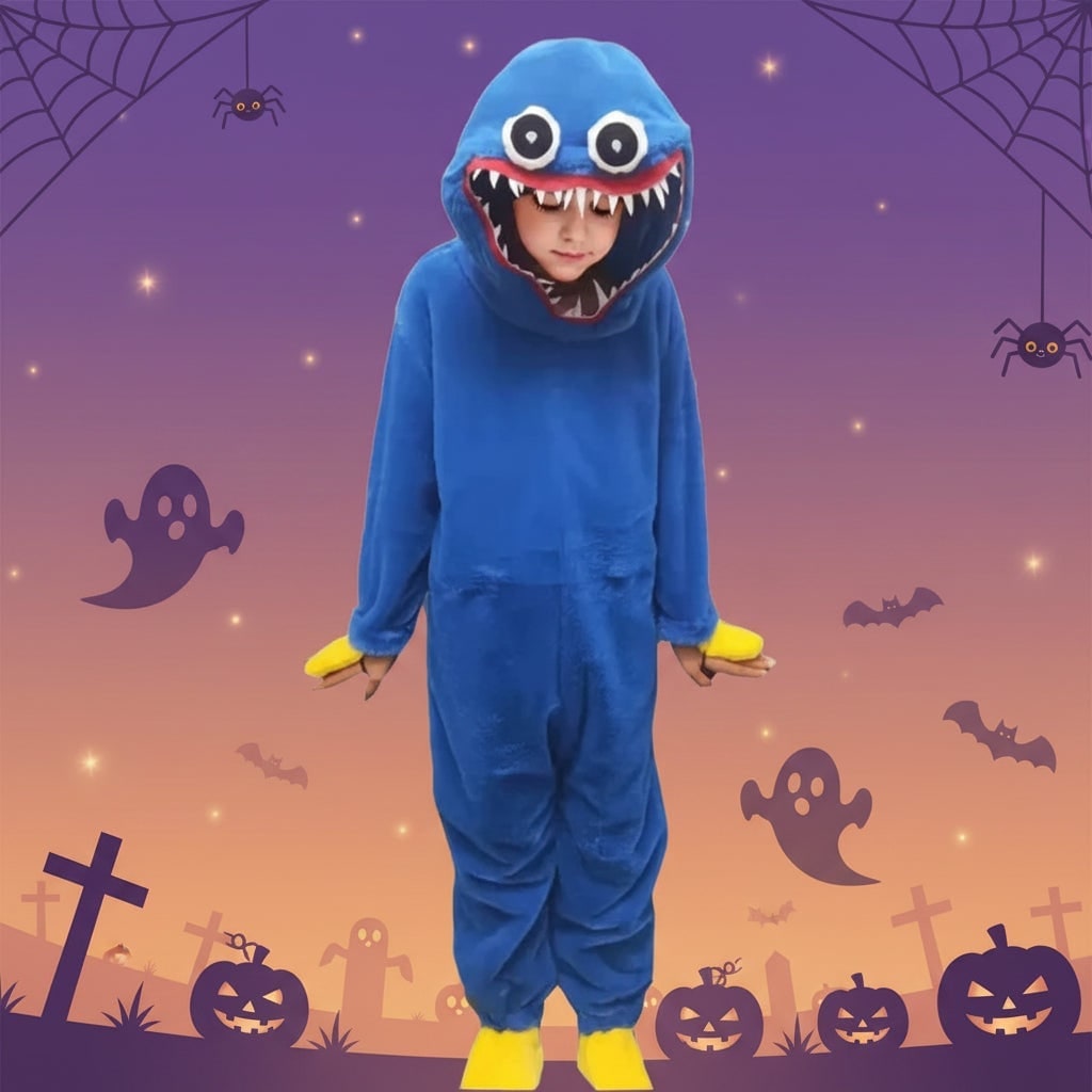 Halloween Kids' Monster Onesie Plush Jumpsuit Costume with Hood Embroidered Eyes and Felt Teeth - Image 1