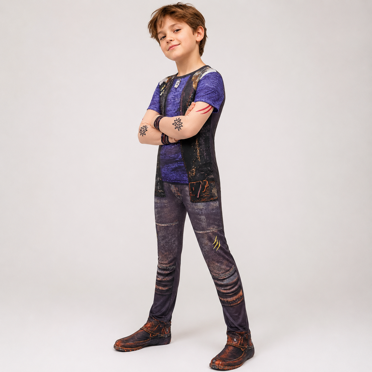 Halloween Kids' Zombie Costume with Graphic Print Tattoo Sleeves and Distressed Details - Image 1