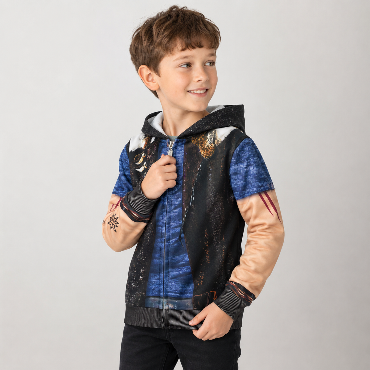 Halloween Kids' Zombie Costume with Graphic Print Tattoo Sleeves and Distressed Details - Image 4