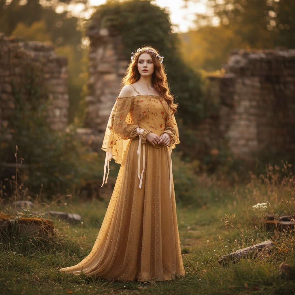 Halloween Medieval Costume Dress with Embroidered Bodice and Glitter Tulle Skirt for Fantasy Party - Image 1