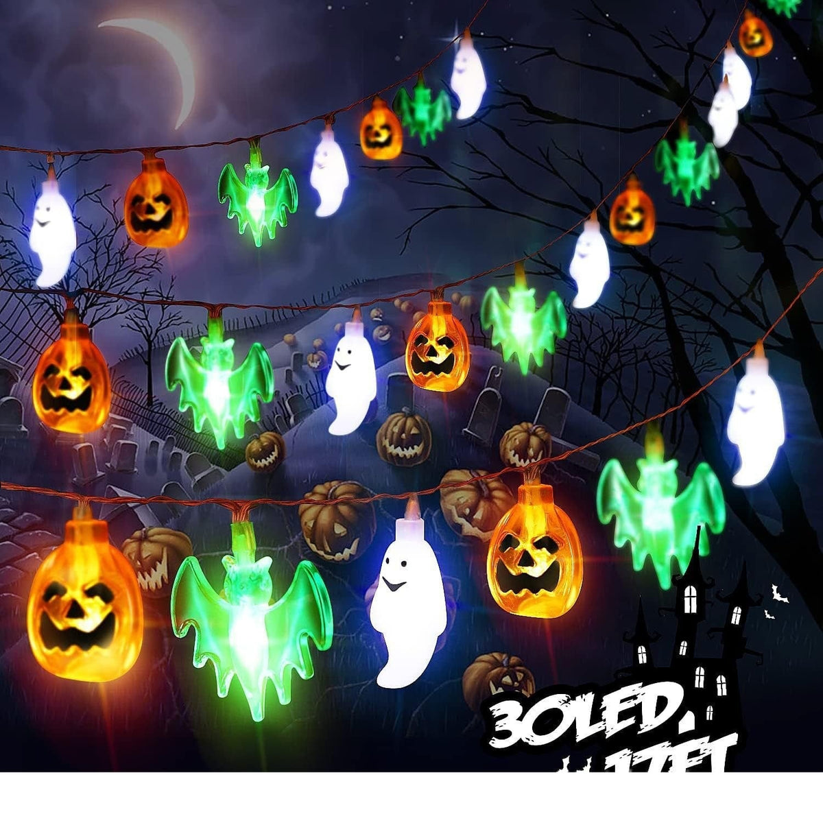 Halloween Outdoor String Lights with LED Pumpkin Ghost and Bat Figures Battery Operated - Image 11