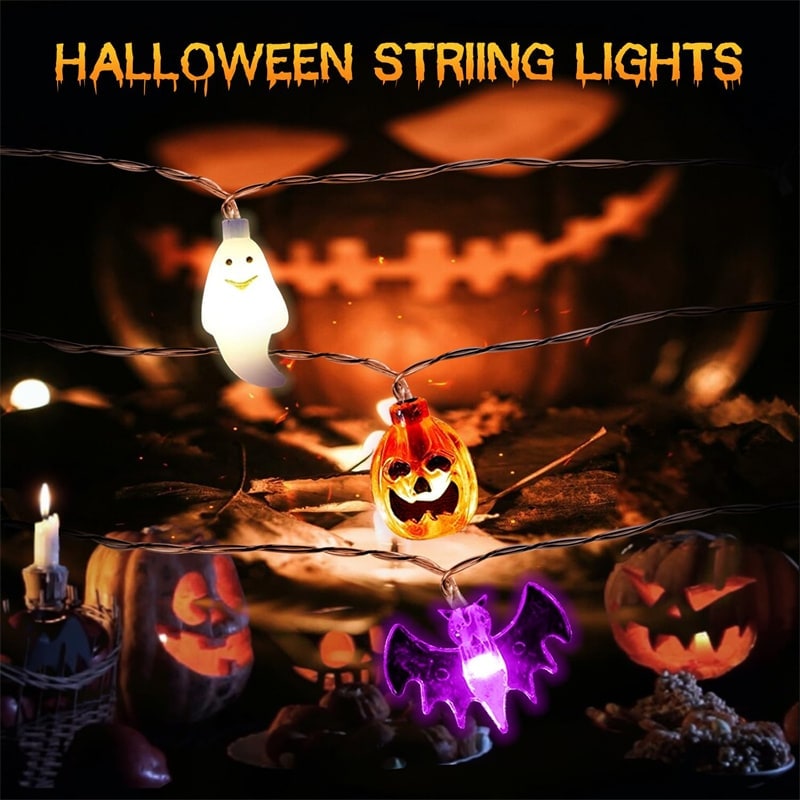 Halloween Outdoor String Lights with LED Pumpkin Ghost and Bat Figures Battery Operated - Image 2