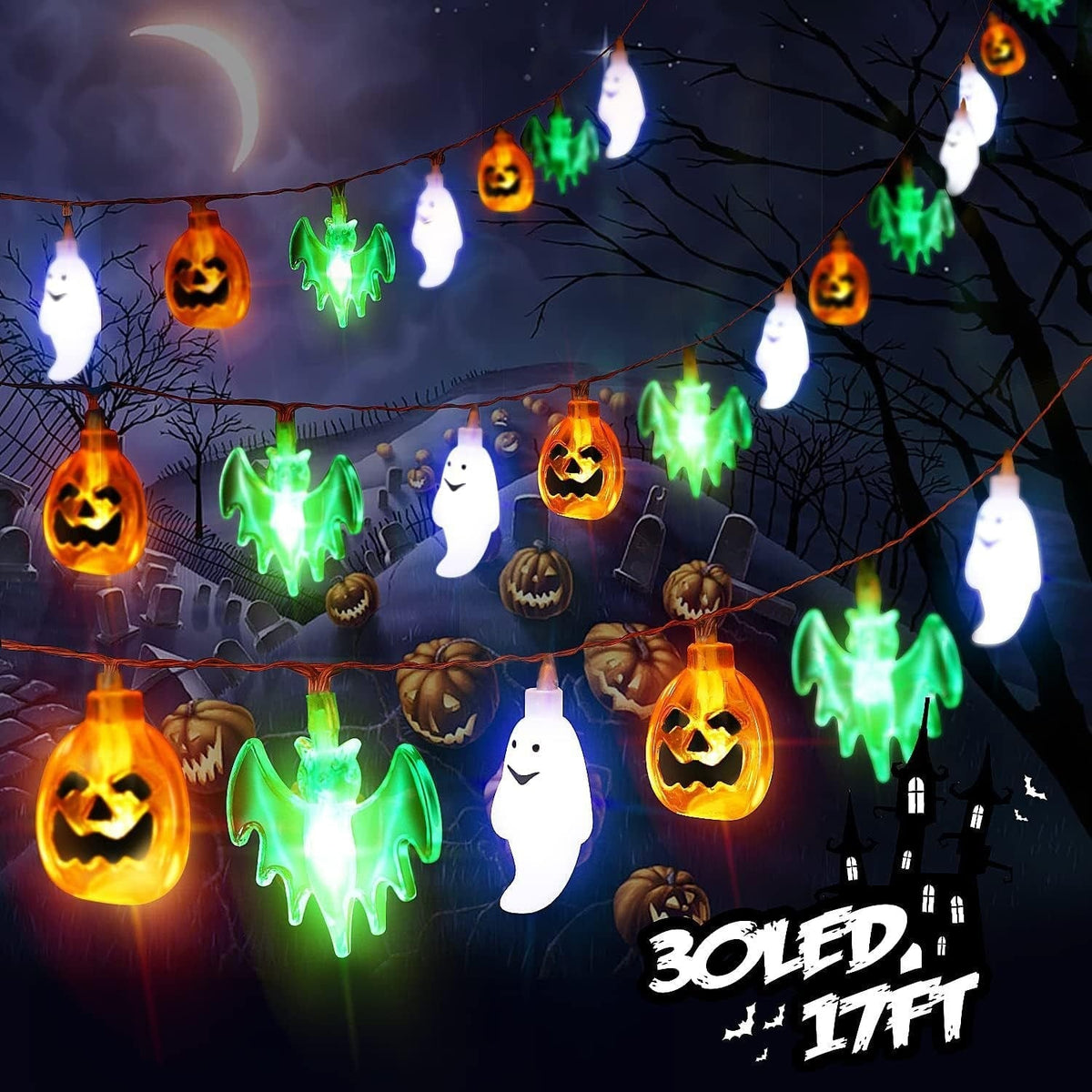 Halloween Outdoor String Lights with LED Pumpkin Ghost and Bat Figures Battery Operated - Image 3
