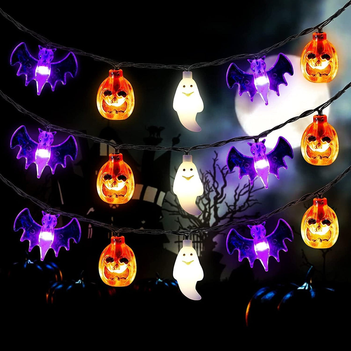 Halloween Outdoor String Lights with LED Pumpkin Ghost and Bat Figures Battery Operated - Image 4