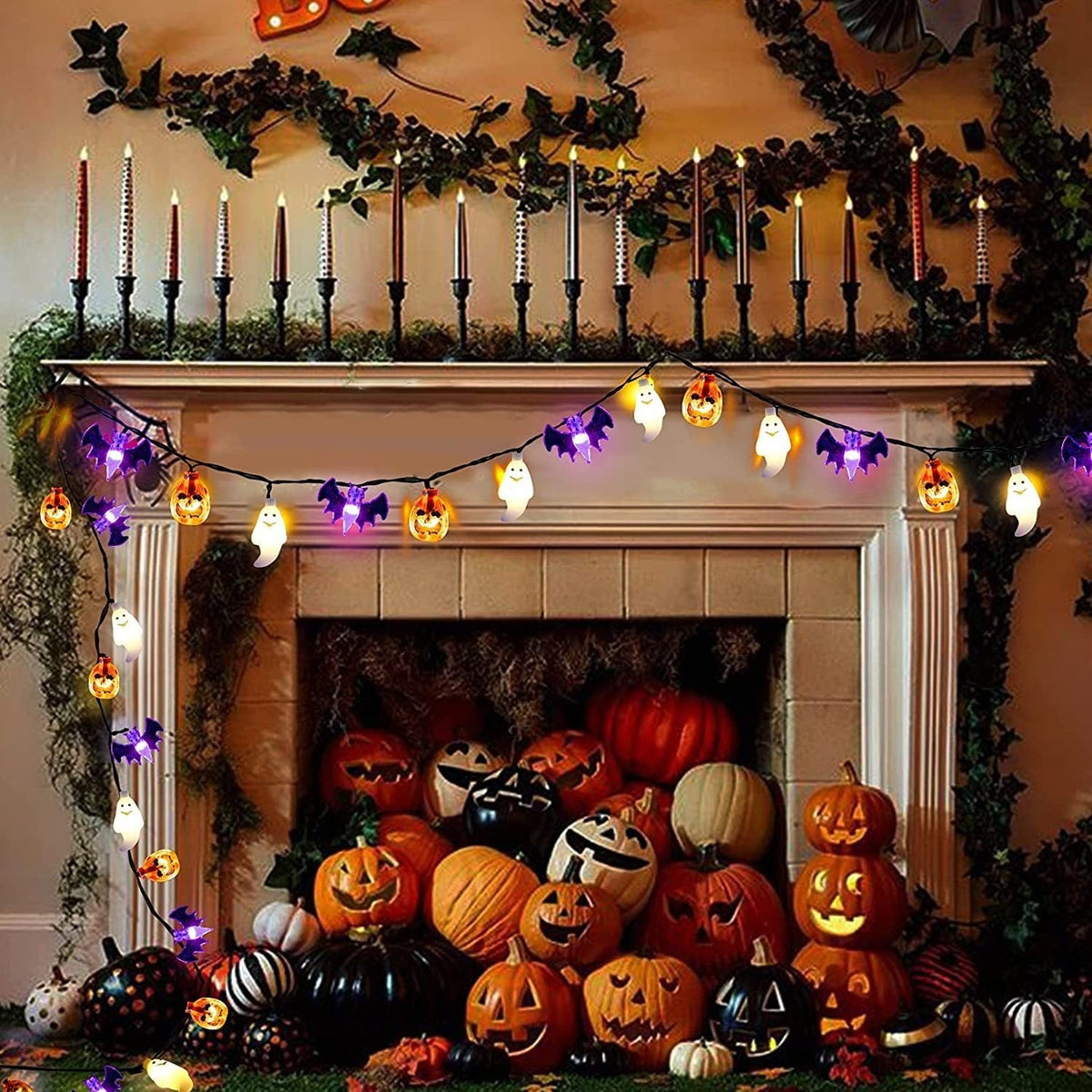 Halloween Outdoor String Lights with LED Pumpkin Ghost and Bat Figures Battery Operated - Image 6