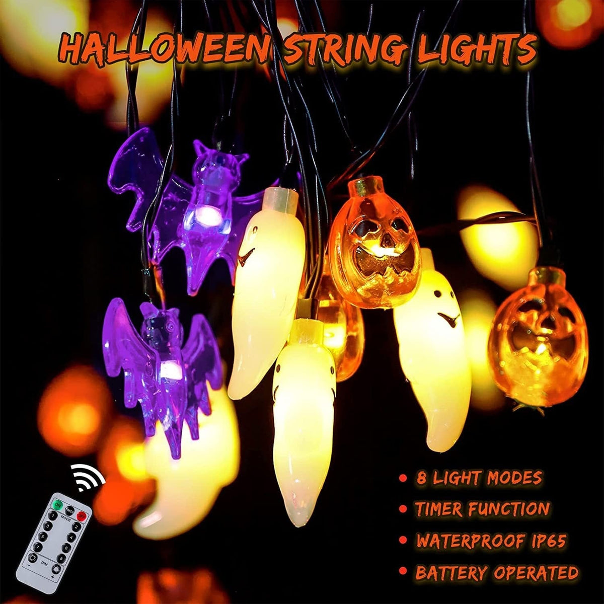 Halloween Outdoor String Lights with LED Pumpkin Ghost and Bat Figures Battery Operated - Image 7