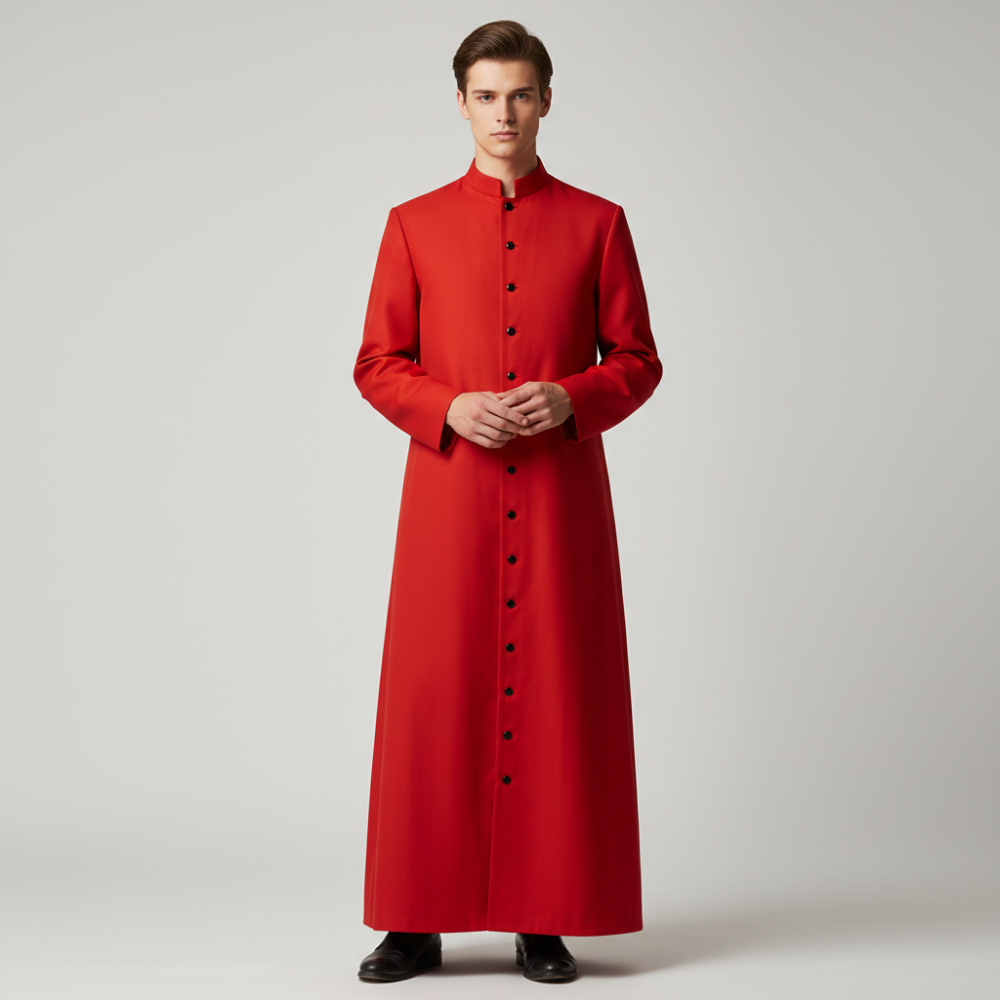 Halloween Priest Costume Cassock Robe with Button Front and Band Collar for Clergy Cosplay Party - Image 1