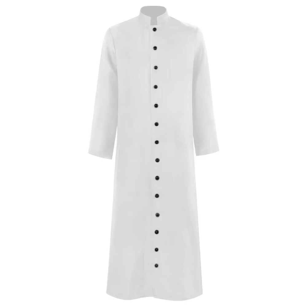 Halloween Priest Costume Cassock Robe with Button Front and Band Collar for Clergy Cosplay Party - Image 2