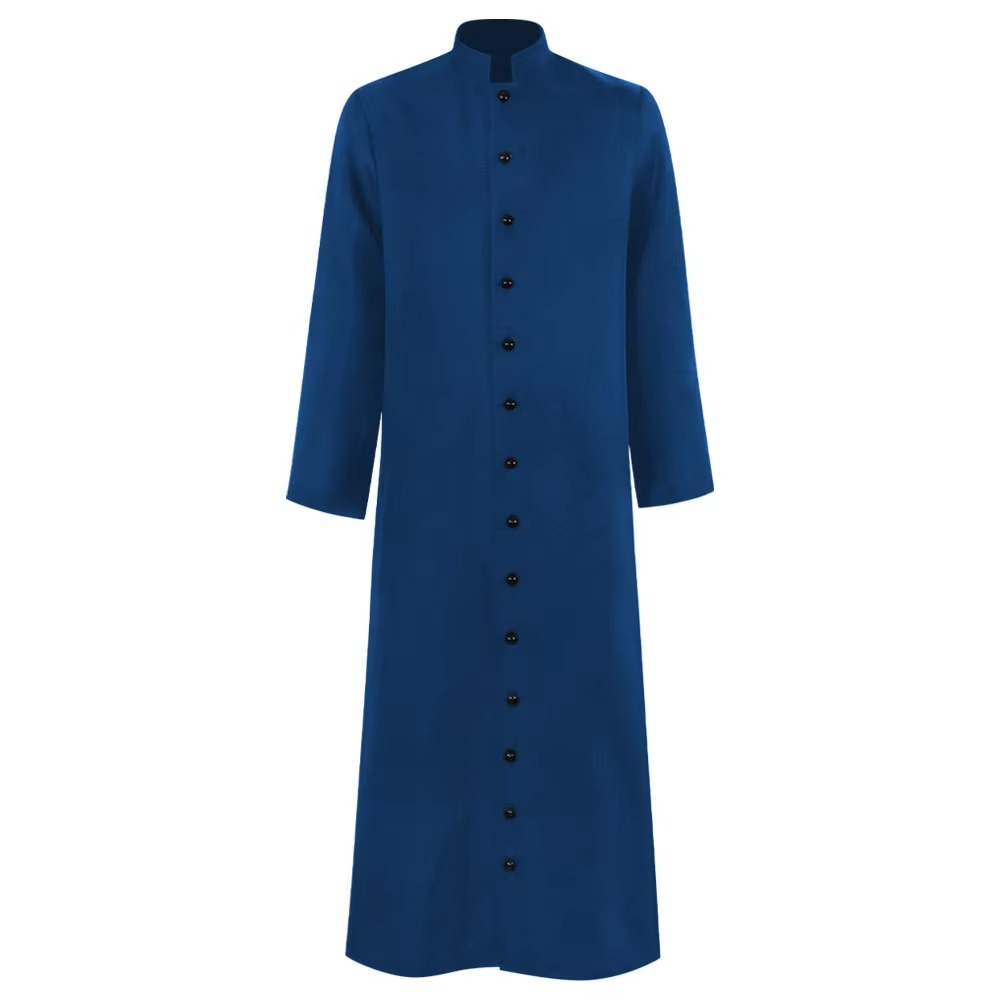 Halloween Priest Costume Cassock Robe with Button Front and Band Collar for Clergy Cosplay Party - Image 3