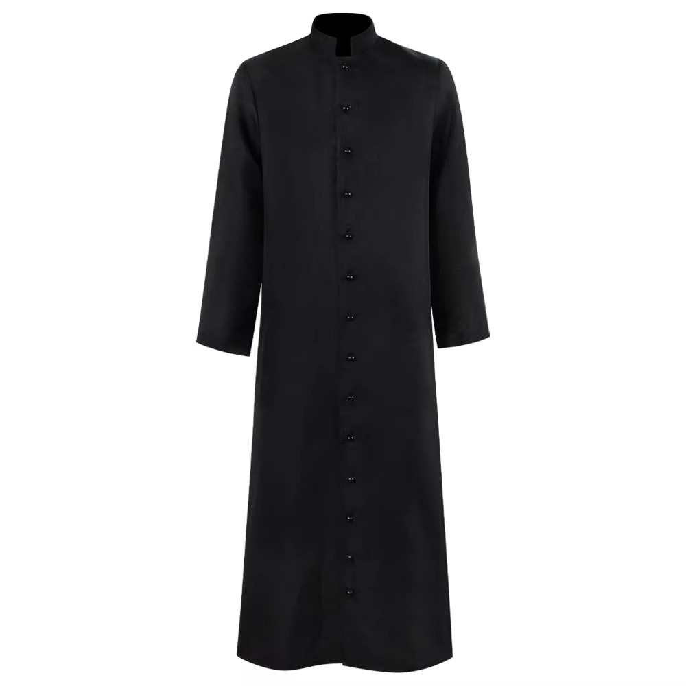 Halloween Priest Costume Cassock Robe with Button Front and Band Collar for Clergy Cosplay Party - Image 4