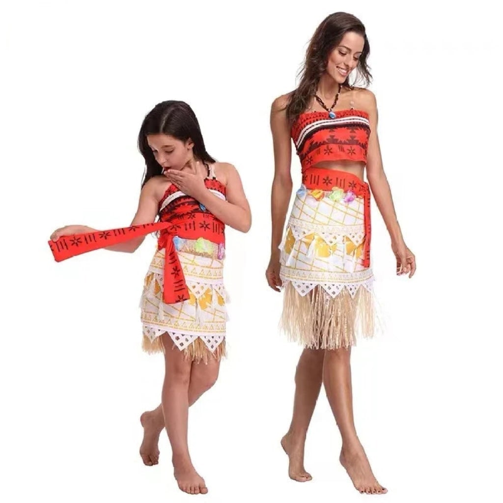 Halloween Princess Costume with Tropical Print Top and Grass Skirt - Image 3
