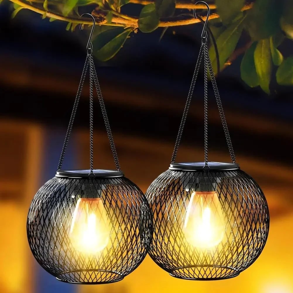 Halloween Solar Powered Outdoor Light Hanging Lantern with Black Wire Mesh Globe and Edison LED - Image 2