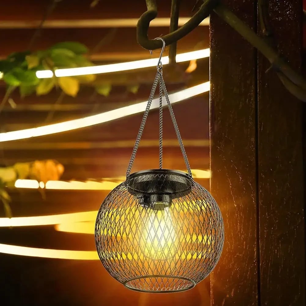Halloween Solar Powered Outdoor Light Hanging Lantern with Black Wire Mesh Globe and Edison LED - Image 3