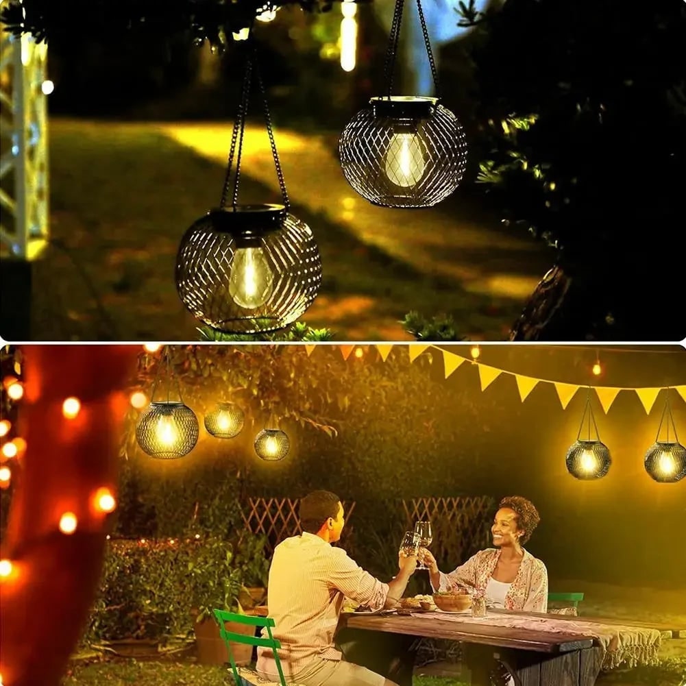Halloween Solar Powered Outdoor Light Hanging Lantern with Black Wire Mesh Globe and Edison LED - Image 4