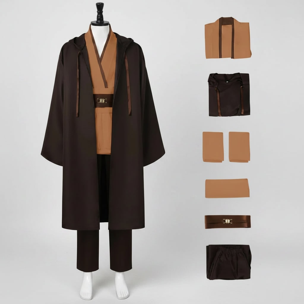 Halloween Space Warrior Costume with Hooded Robe, Tunic, Sash and Belt - Image 1