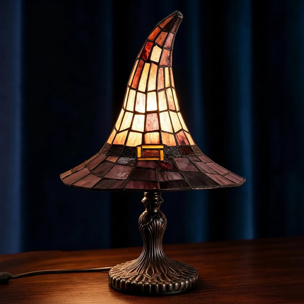 Halloween Stained Glass Witch Hat Table Lamp with Mid-Century Bedside Design - Image 4