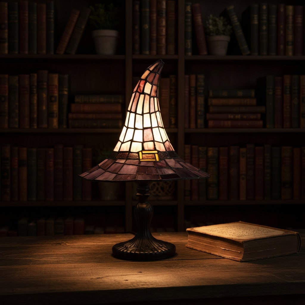 Halloween Stained Glass Witch Hat Table Lamp with Mid-Century Bedside Design - Image 6