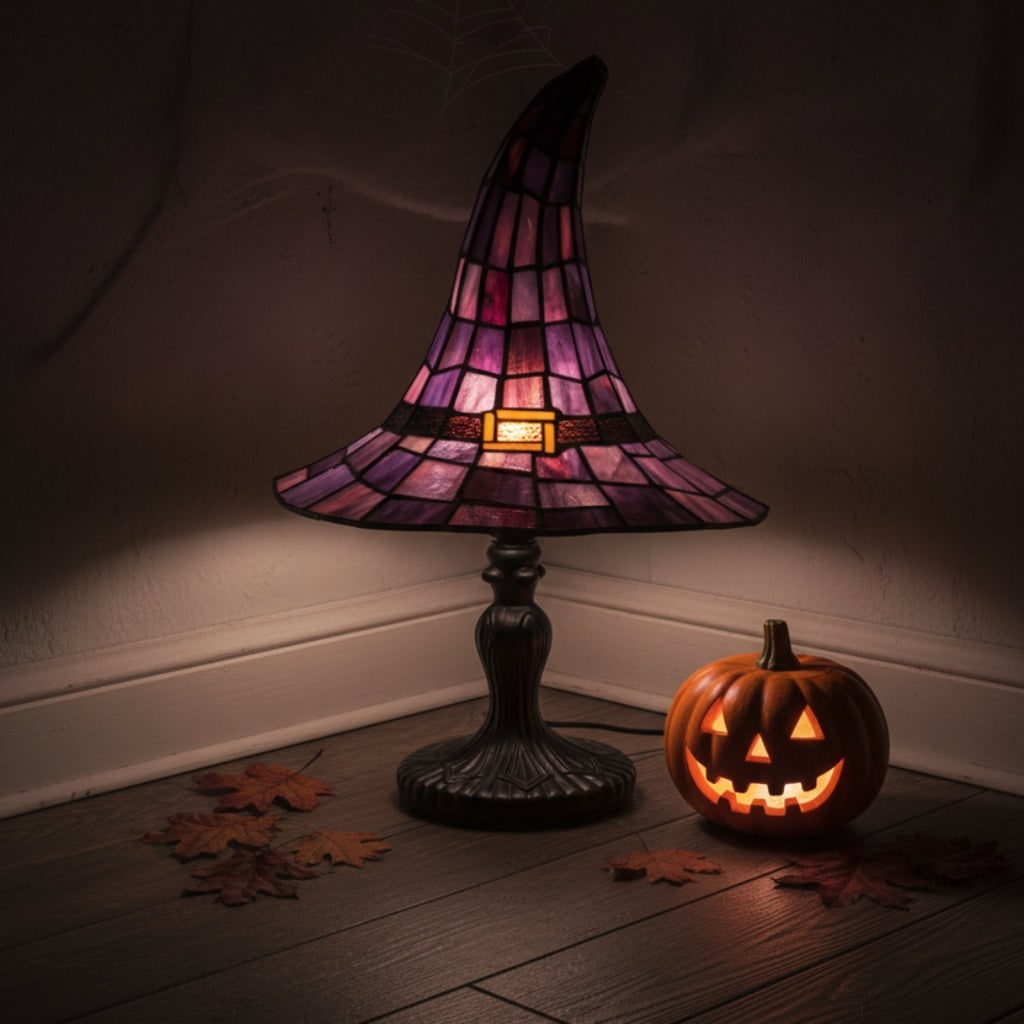 Halloween Stained Glass Witch Hat Table Lamp with Mid-Century Bedside Design - Image 7