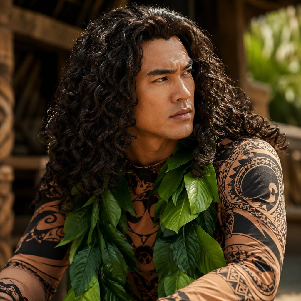 Halloween Tattoo Print Island Warrior Costume with Faux Leaf Skirt - Image 3
