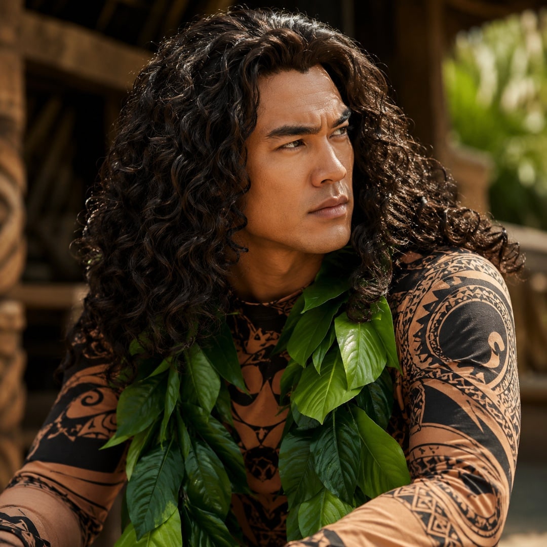 Halloween Tattoo Print Island Warrior Costume with Faux Leaf Skirt - Image 3