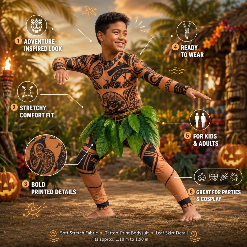 Halloween Tattoo Print Island Warrior Costume with Faux Leaf Skirt - Image 4