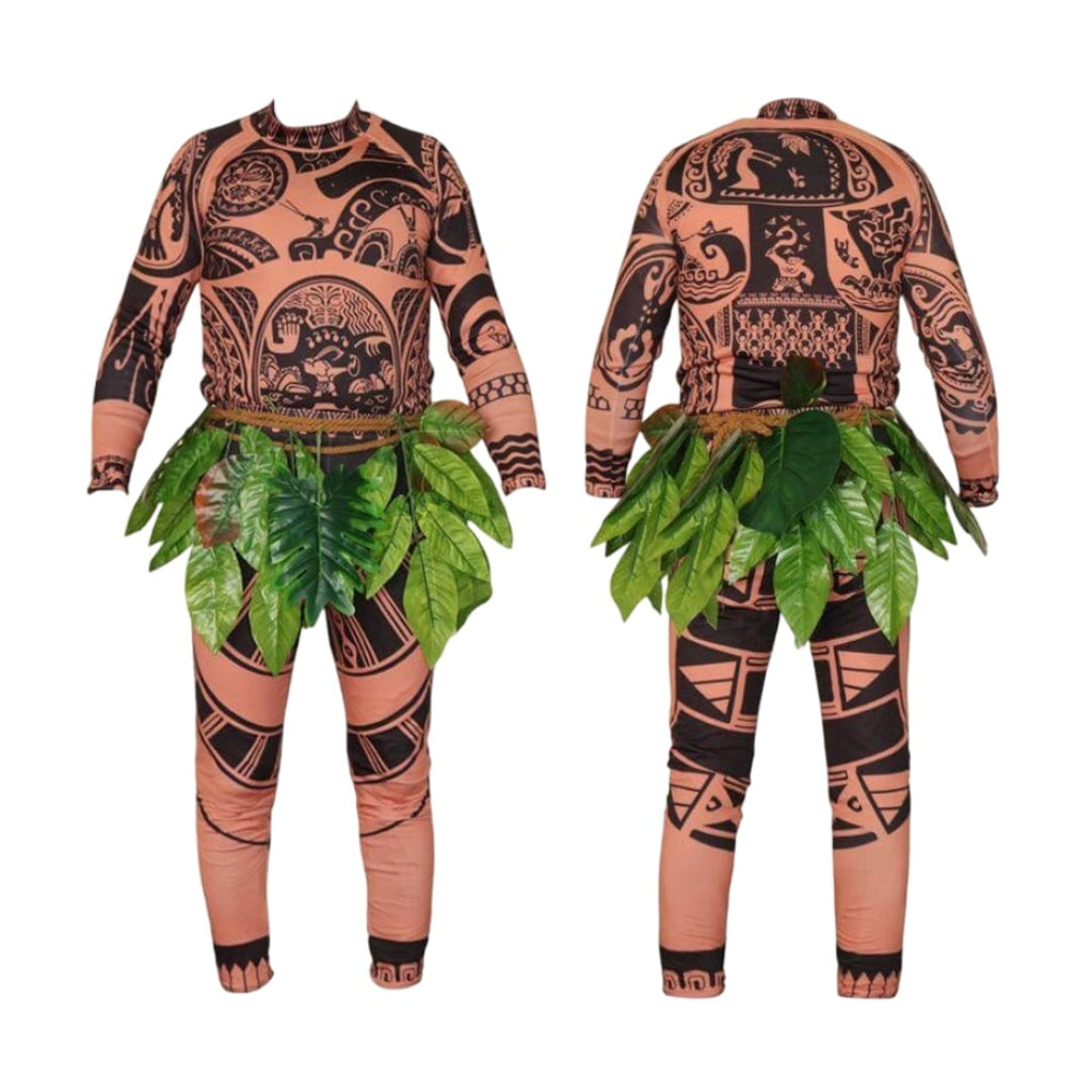 Halloween Tattoo Print Island Warrior Costume with Faux Leaf Skirt - Image 5