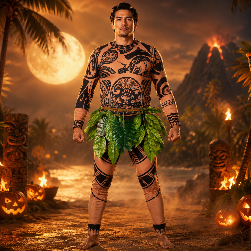 Halloween Tribal Warrior Bodysuit Costume with Tattoo Print and Faux Leaf Skirt - Image 1