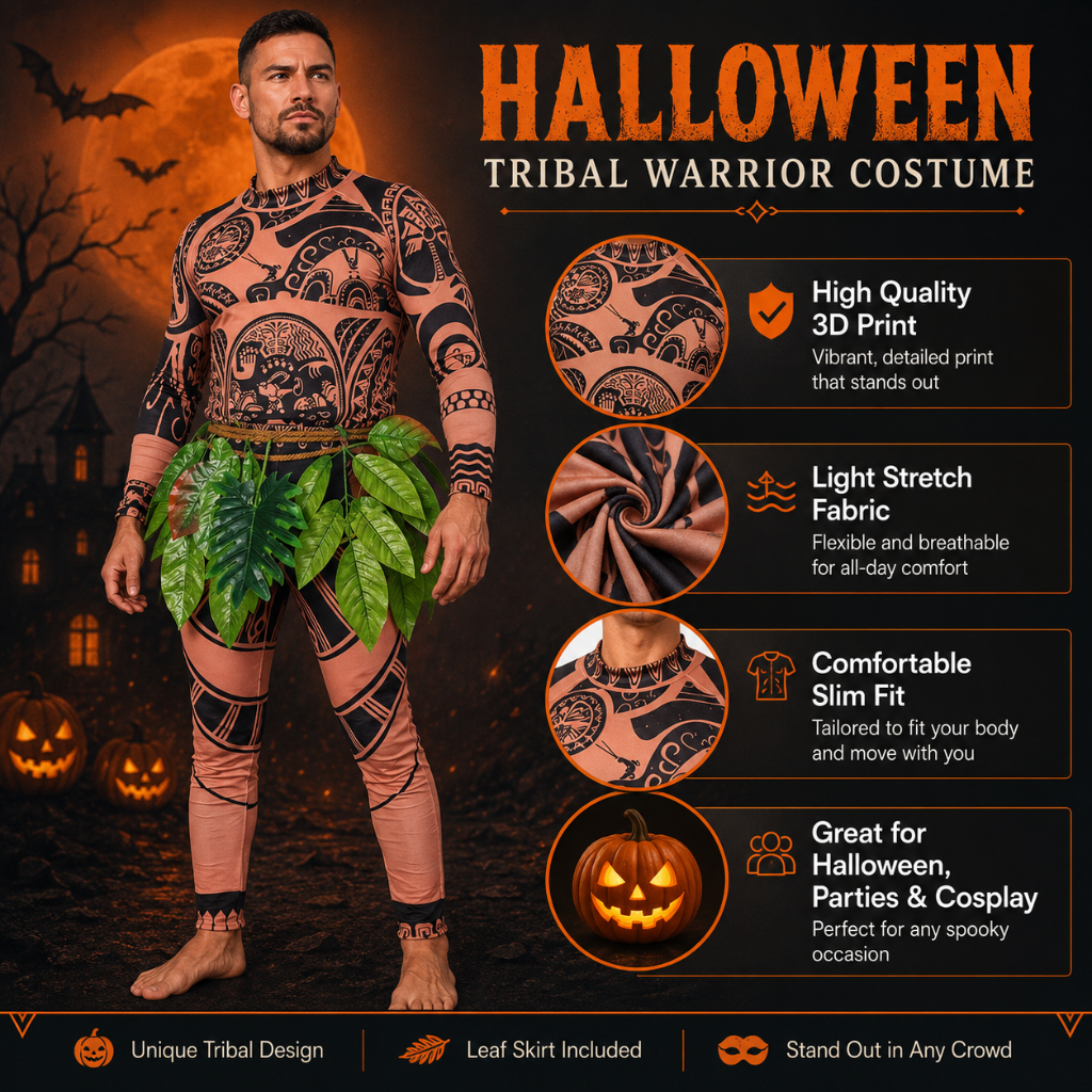 Halloween Tribal Warrior Bodysuit Costume with Tattoo Print and Faux Leaf Skirt - Image 3