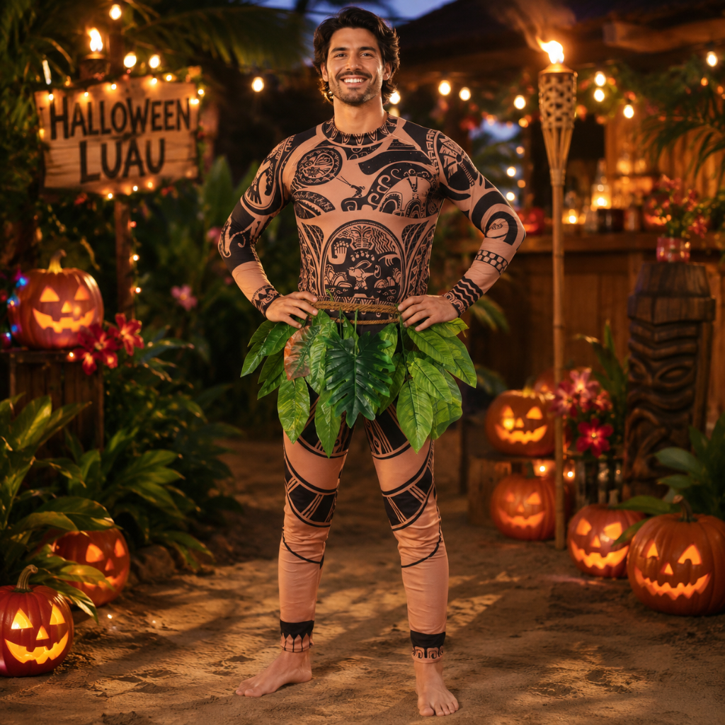 Halloween Tribal Warrior Bodysuit Costume with Tattoo Print and Faux Leaf Skirt - Image 4