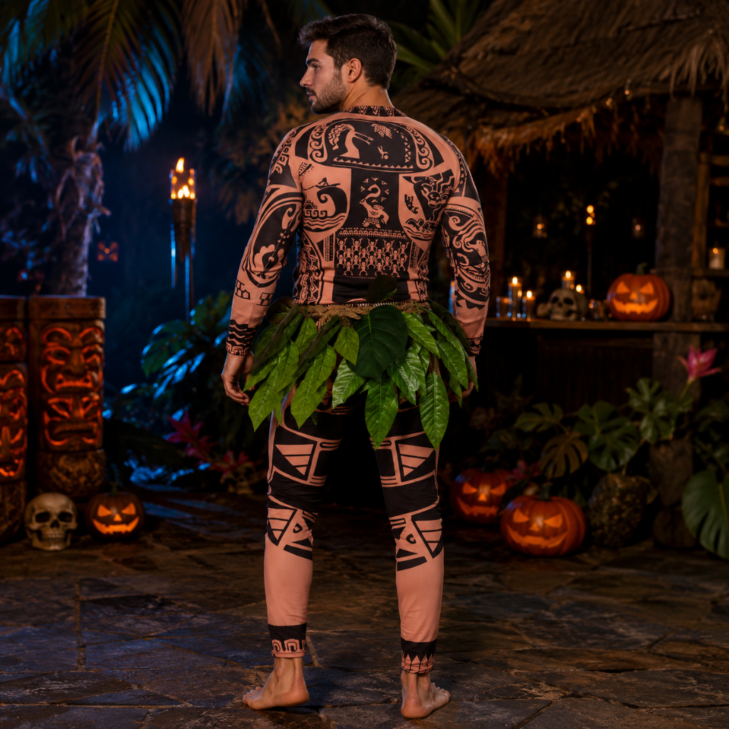 Halloween Tribal Warrior Bodysuit Costume with Tattoo Print and Faux Leaf Skirt - Image 5