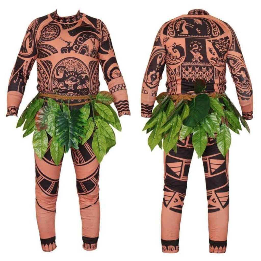 Halloween Tribal Warrior Bodysuit Costume with Tattoo Print and Faux Leaf Skirt - Image 6