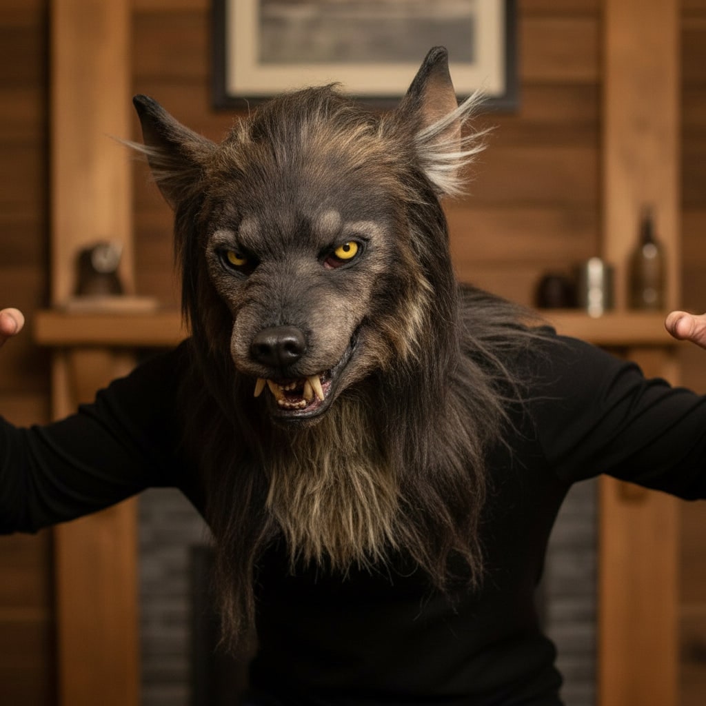 Halloween Werewolf Mask with Realistic Faux Fur Sharp Fangs and Yellow Eyes - Image 1