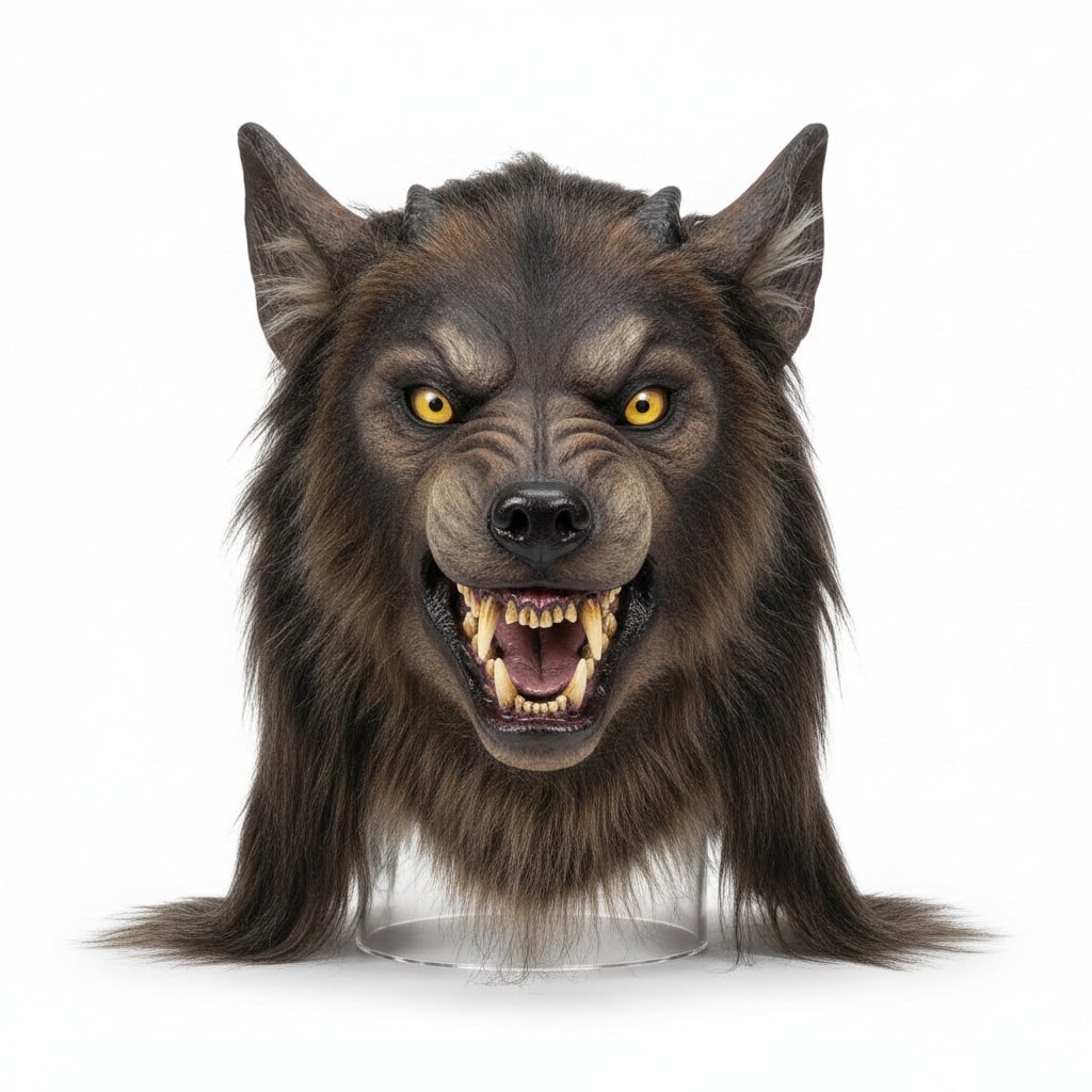 Halloween Werewolf Mask with Realistic Faux Fur Sharp Fangs and Yellow Eyes - Image 3