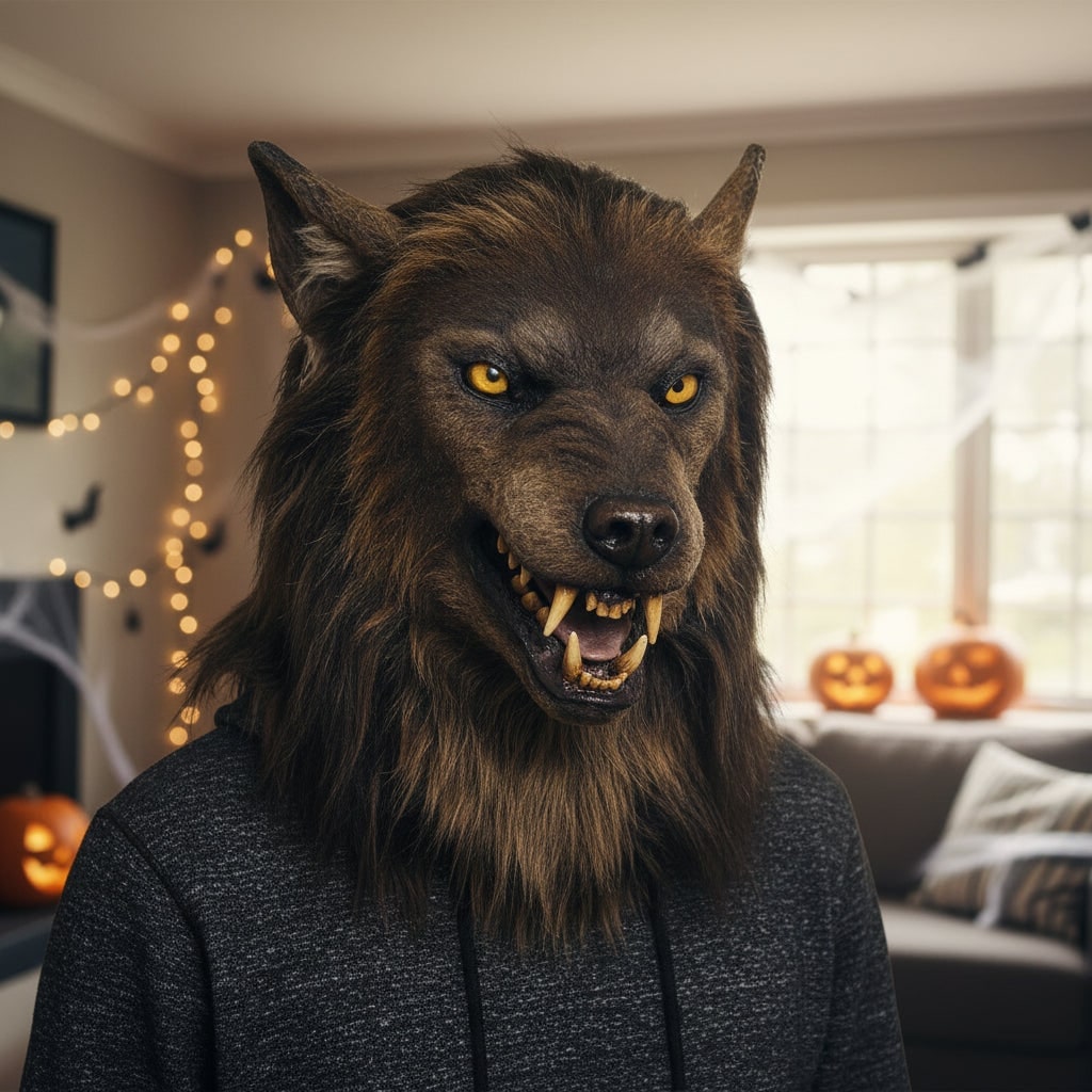 Halloween Werewolf Mask with Realistic Faux Fur Sharp Fangs and Yellow Eyes - Image 4