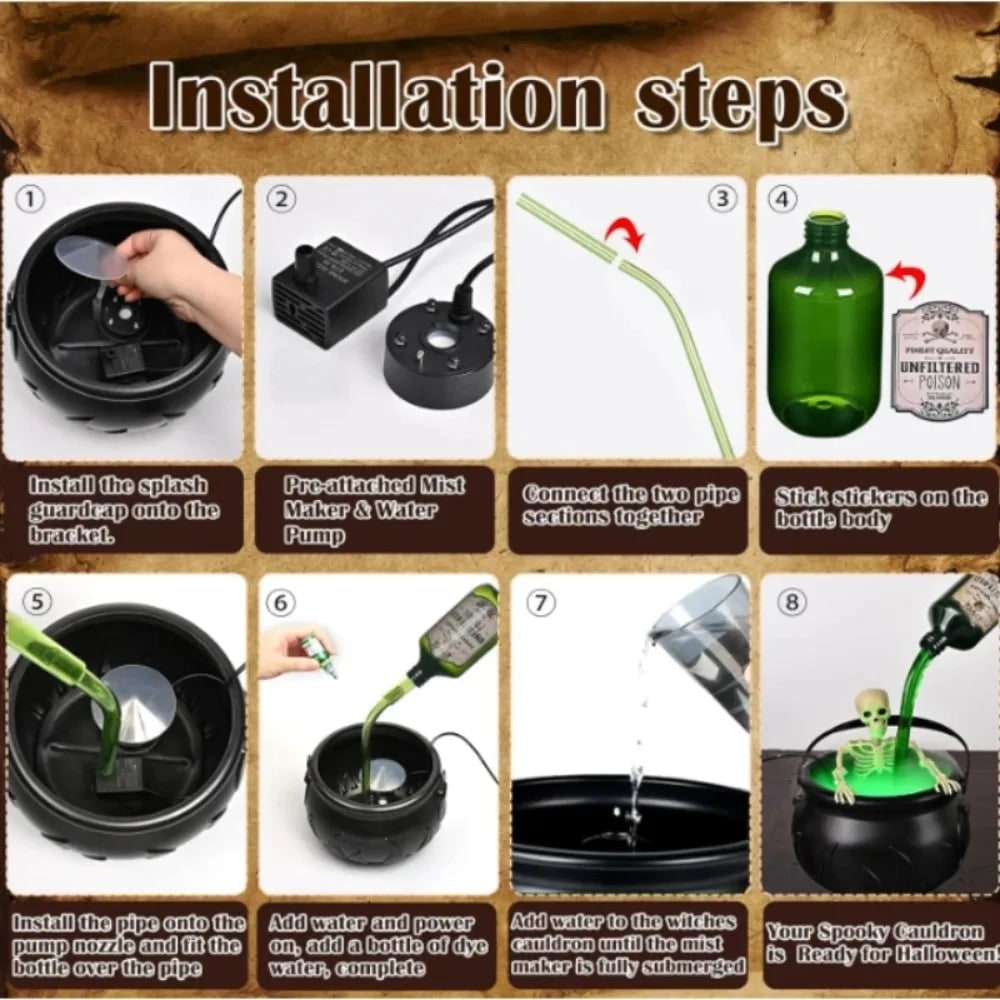 Halloween Witch Cauldron Decoration with Mist Maker LED Lights and Floating Bottle Prop - Image 5