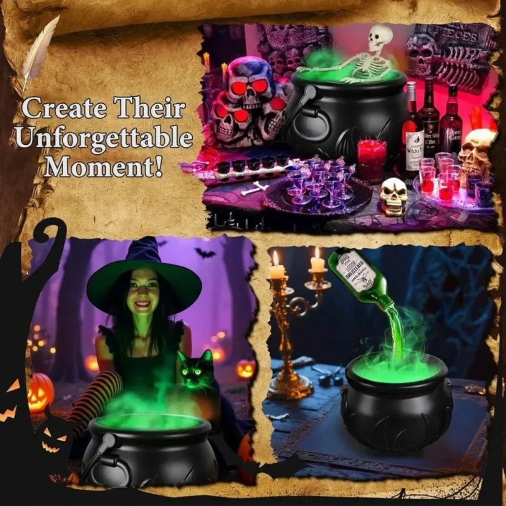 Halloween Witch Cauldron Decoration with Mist Maker LED Lights and Floating Bottle Prop - Image 9