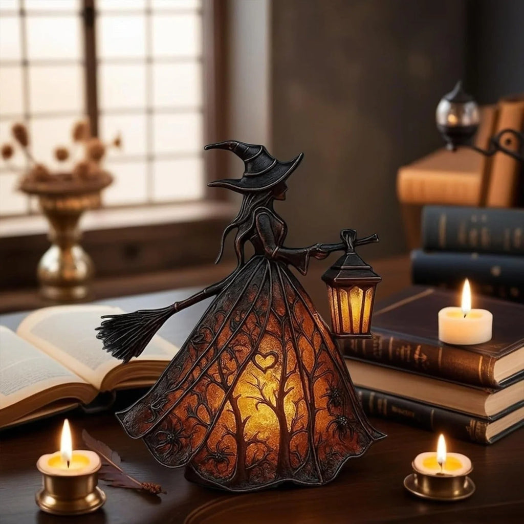 Halloween Witch Decoration Figurine with LED Lantern and Broomstick for Party - Image 1