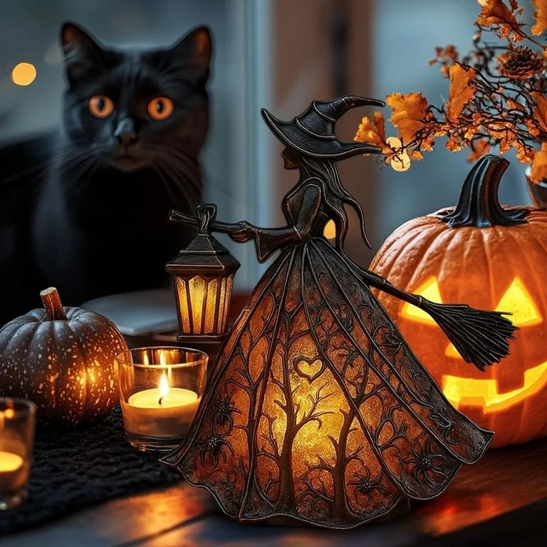 Halloween Witch Decoration Figurine with LED Lantern and Broomstick for Party - Image 4